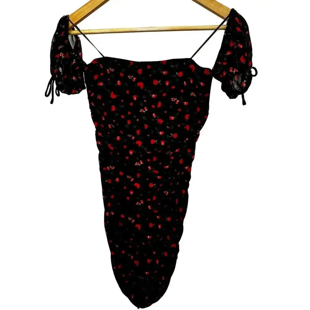 NWT All in Favor Ruched the Shoulder Mini dress Black with Red Rose Print. SZ SM - Picture 8 of 10